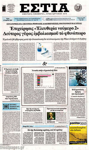 Πρωτοσέλιδο εφημερίδας Εστία - protoselida