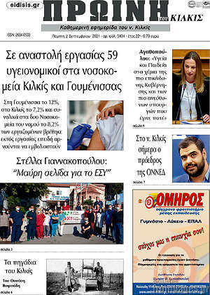 Πρωτοσέλιδο Πρωινή του Κιλκίς