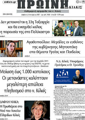Πρωτοσέλιδο Πρωινή του Κιλκίς