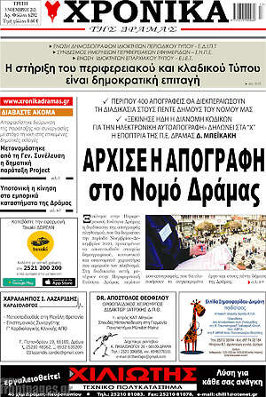 Πρωτοσέλιδο Χρονικά της Δράμας