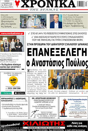 Πρωτοσέλιδο Χρονικά της Δράμας