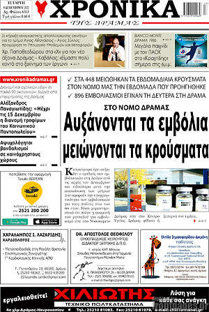 Πρωτοσέλιδο Χρονικά της Δράμας