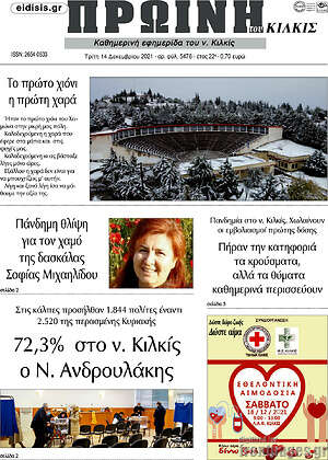 Πρωτοσέλιδο Πρωινή του Κιλκίς