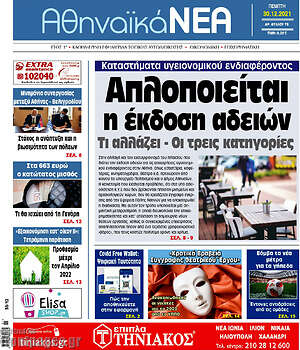 Πρωτοσέλιδο Αθηναϊκά Νέα