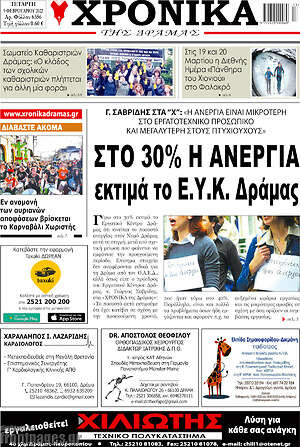 Πρωτοσέλιδο Χρονικά της Δράμας