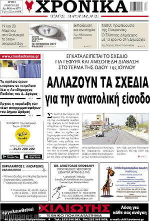Πρωτοσέλιδο Χρονικά της Δράμας