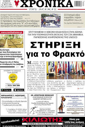 Πρωτοσέλιδο Χρονικά της Δράμας
