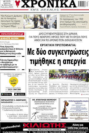 Πρωτοσέλιδο Χρονικά της Δράμας