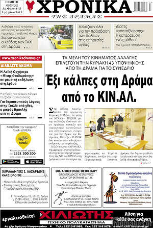 Πρωτοσέλιδο Χρονικά της Δράμας