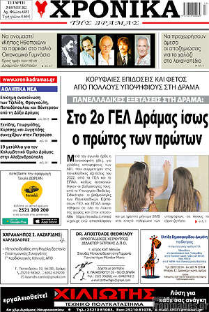Πρωτοσέλιδο Χρονικά της Δράμας