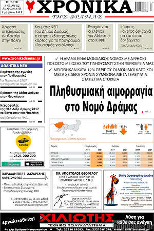 Πρωτοσέλιδο Χρονικά της Δράμας
