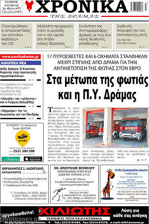 Πρωτοσέλιδο Χρονικά της Δράμας