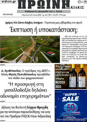 Πρωτοσέλιδο Πρωινή του Κιλκίς