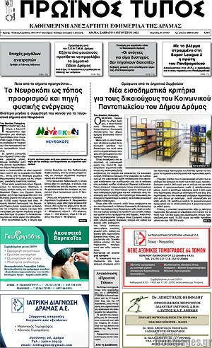 Πρωτοσέλιδο Πρωινός Τύπος Δράμας