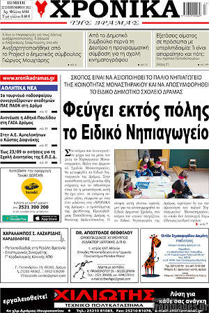 Πρωτοσέλιδο Χρονικά της Δράμας