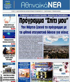 Πρωτοσέλιδο Αθηναϊκά Νέα