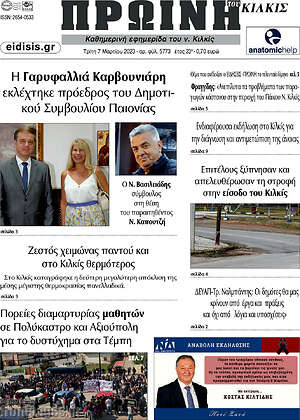 Πρωτοσέλιδο Πρωινή του Κιλκίς