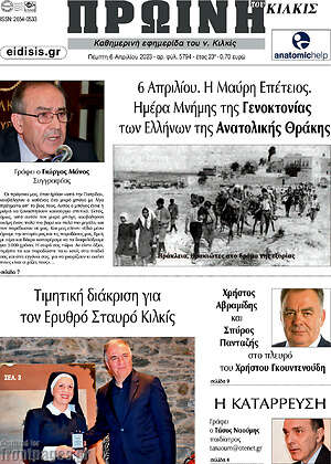 Πρωτοσέλιδο Πρωινή του Κιλκίς