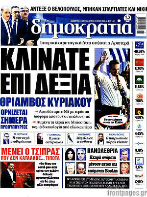 Πρωτοσέλιδο εφημερίδας Δημοκρατία - protoselida