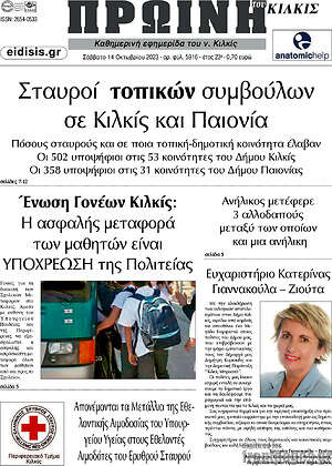 Πρωτοσέλιδο Πρωινή του Κιλκίς