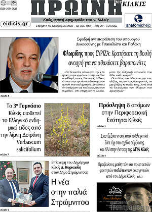 Πρωτοσέλιδο Πρωινή του Κιλκίς