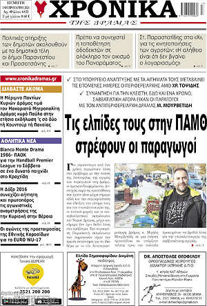 Πρωτοσέλιδο Χρονικά της Δράμας