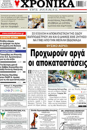 Πρωτοσέλιδο Χρονικά της Δράμας