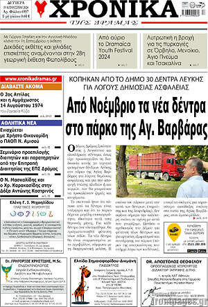 Πρωτοσέλιδο Χρονικά της Δράμας