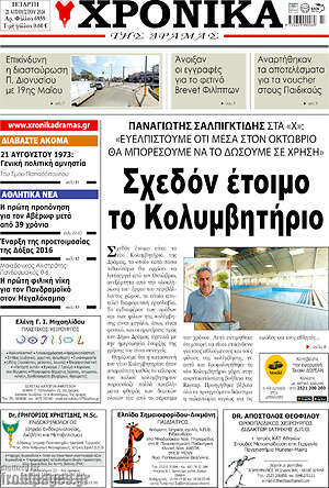 Πρωτοσέλιδο Χρονικά της Δράμας