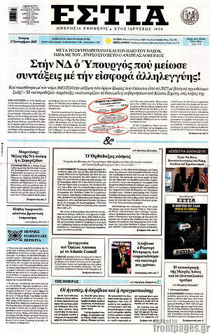 Πρωτοσέλιδο εφημερίδας Εστία - protoselida