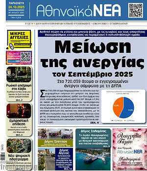 Πρωτοσέλιδο Αθηναϊκά Νέα