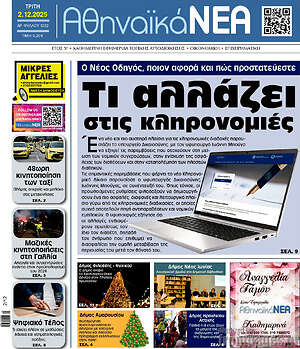 Πρωτοσέλιδο Αθηναϊκά Νέα