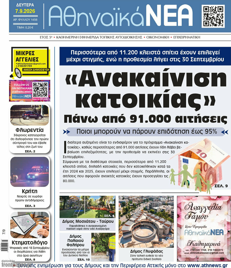 Πρωτοσέλιδο Αθηναϊκά Νέα – 7 Σεπτεμβρίου 2026