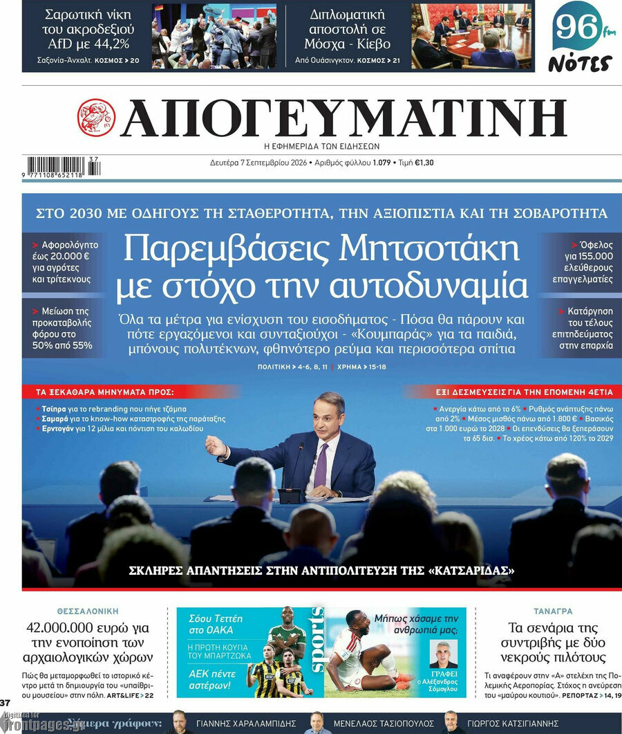Πρωτοσέλιδο Απογευματινή – 7 Σεπτεμβρίου 2026: Παρεμβάσεις Μητσοτάκη με στόχο την αυτοδυναμία
