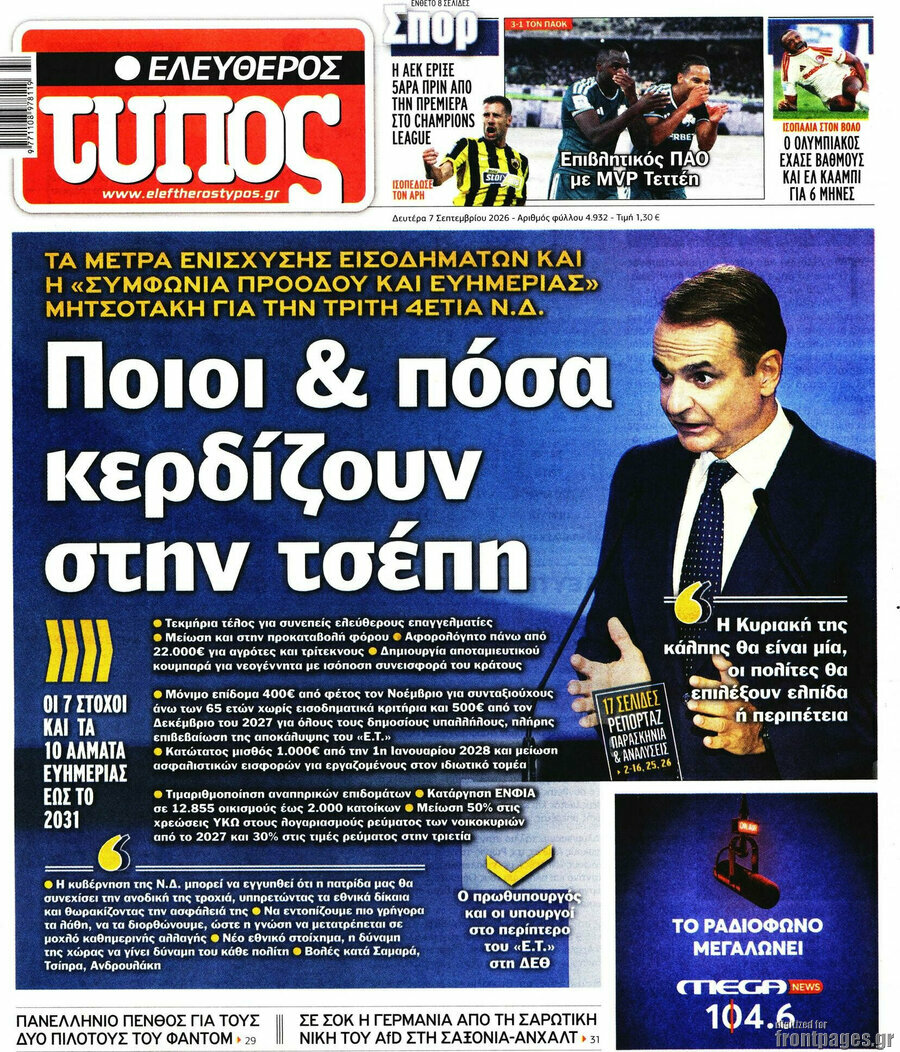 Πρωτοσέλιδο Ελεύθερος Τύπος – 7 Σεπτεμβρίου 2026: Ποιοι & πόσα κερδίζουν στην τσέπη