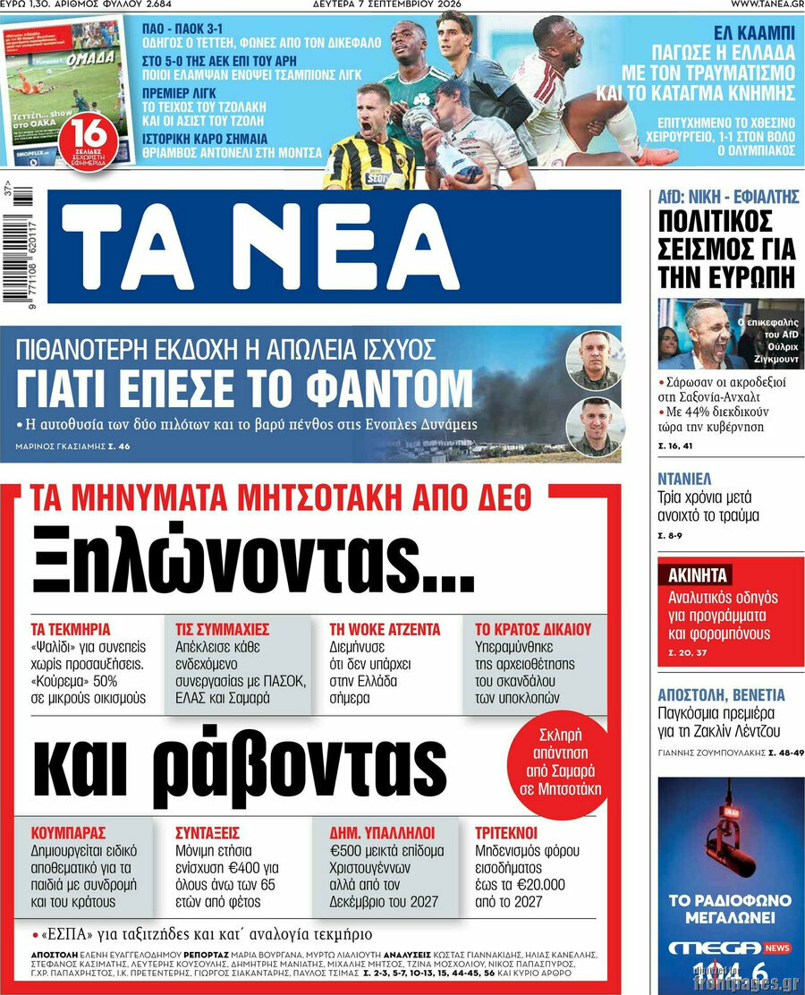Πρωτοσέλιδο Τα Νέα – 7 Σεπτεμβρίου 2026: Ξηλώνοντας... και ράβοντας