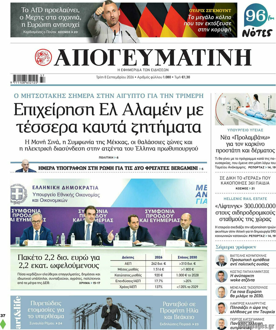 Πρωτοσέλιδο Απογευματινή – 8 Σεπτεμβρίου 2026: Επιχείρηση Ελ Αλαμέιν με τέσσερα καυτά ζητήματα