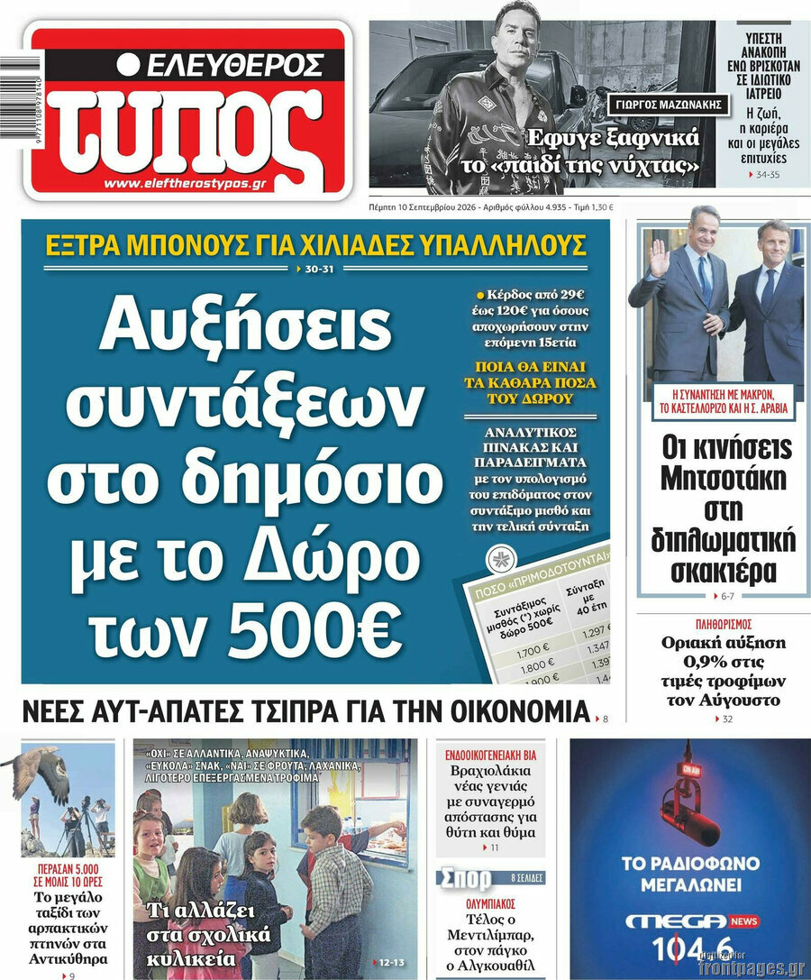 Πρωτοσέλιδο Ελεύθερος Τύπος – 10 Σεπτεμβρίου 2026: Αυξήσεις συντάξεων στο δημόσιο με το Δώρο των 500€