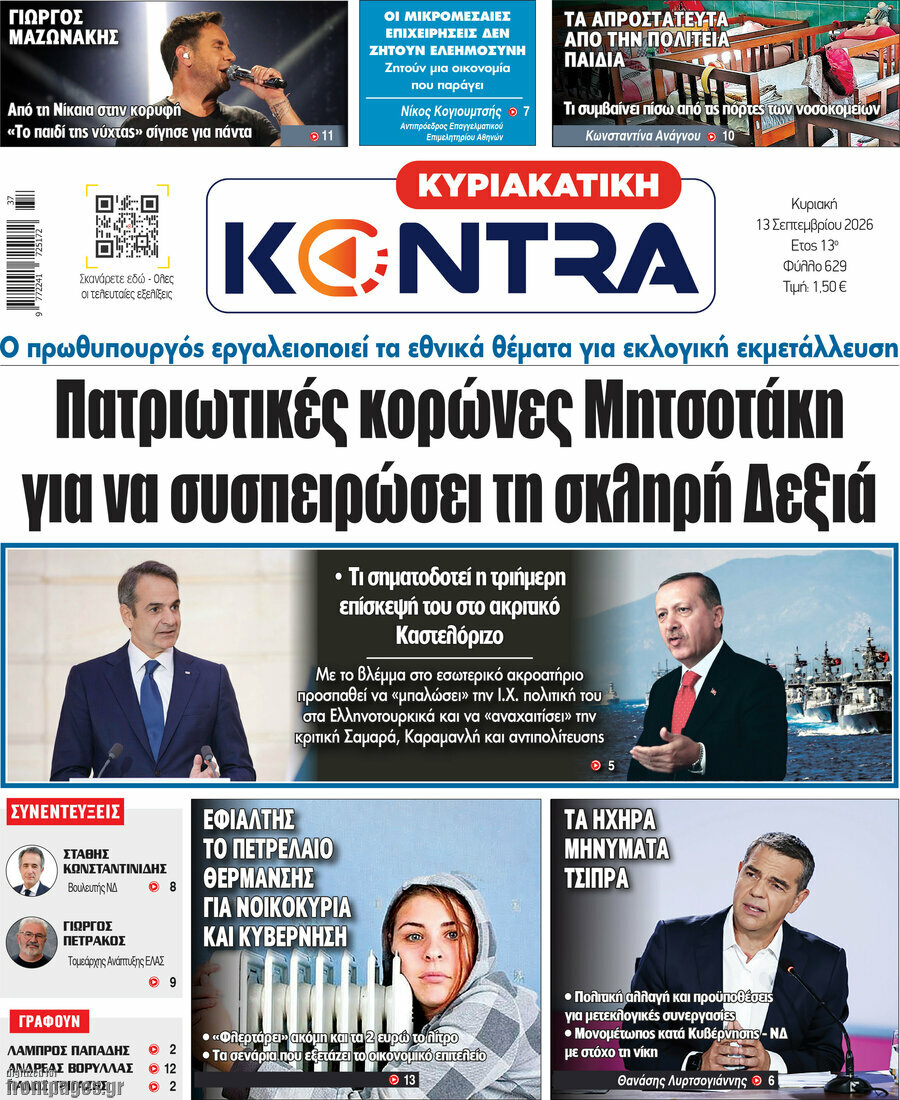 Πρωτοσέλιδο Kontra News – 13 Σεπτεμβρίου 2026: Πατριωτικές κορώνες Μητσοτάκη για να συσπειρώσει τη σκληρή Δεξιά