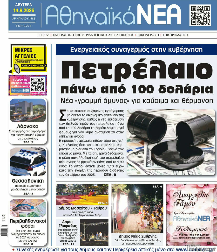 Πρωτοσέλιδο Αθηναϊκά Νέα – 14 Σεπτεμβρίου 2026