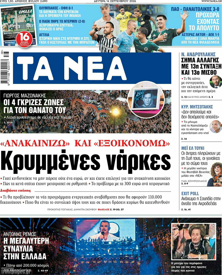Πρωτοσέλιδο Τα Νέα – 14 Σεπτεμβρίου 2026: Κρυμμένες νάρκες