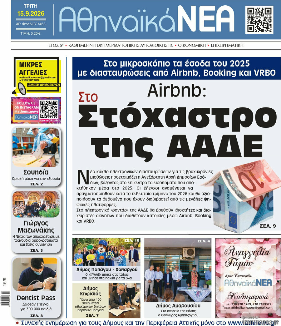 Πρωτοσέλιδο Αθηναϊκά Νέα – 15 Σεπτεμβρίου 2026