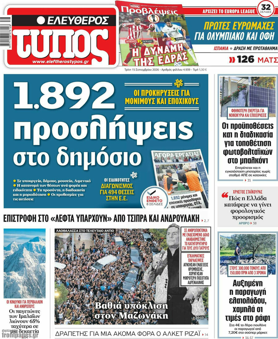 Πρωτοσέλιδο Ελεύθερος Τύπος – 15 Σεπτεμβρίου 2026: 1.892 προσλήψεις στο δημόσιο