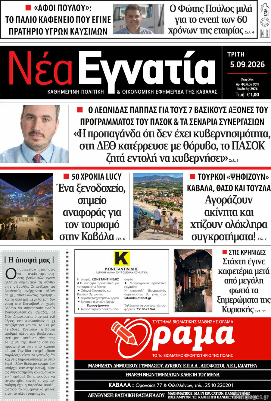Πρωτοσέλιδο Νέα Εγνατία – 15 Σεπτεμβρίου 2026