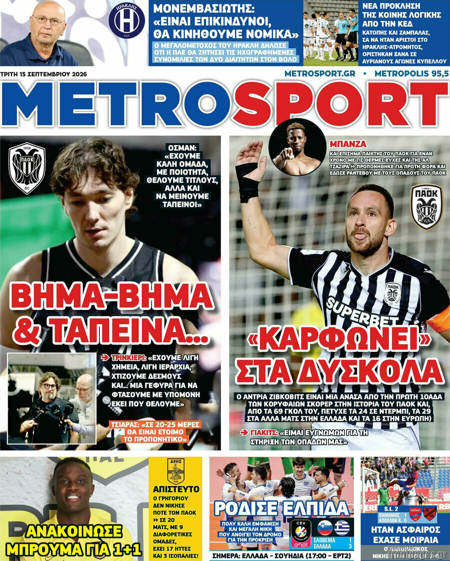 Πρωτοσέλιδο MetroSport – 15 Σεπτεμβρίου 2026
