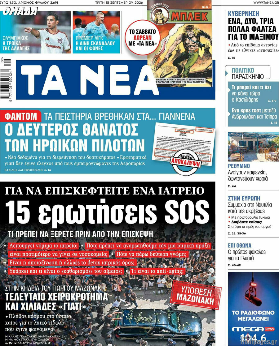 Πρωτοσέλιδο Τα Νέα – 15 Σεπτεμβρίου 2026: 15 ερωτήσεις SOS