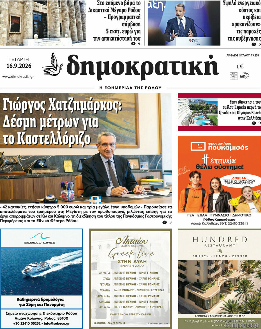 Πρωτοσέλιδο Δημοκρατική Ρόδου – 16 Σεπτεμβρίου 2026