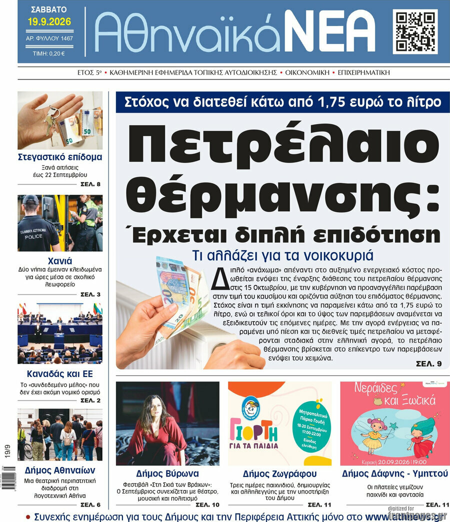 Πρωτοσέλιδο Αθηναϊκά Νέα – 19 Σεπτεμβρίου 2026