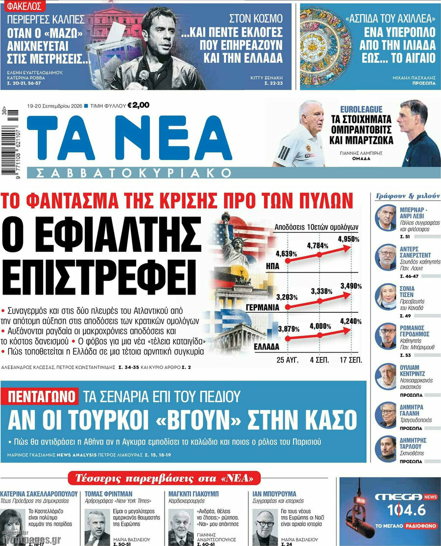 Πρωτοσέλιδο Τα Νέα – 19 Σεπτεμβρίου 2026: Ο εφιάλτης επιστρέφει
