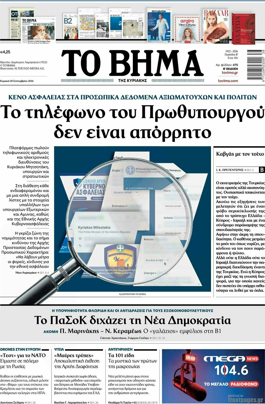 Πρωτοσέλιδο Το Βήμα – 20 Σεπτεμβρίου 2026: Το τηλέφωνο του Πρωθυπουργού δεν είναι απόρρητο